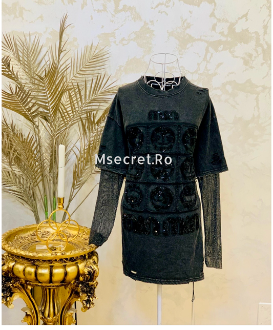 Tricou negru din bumbac cu maneca plasa