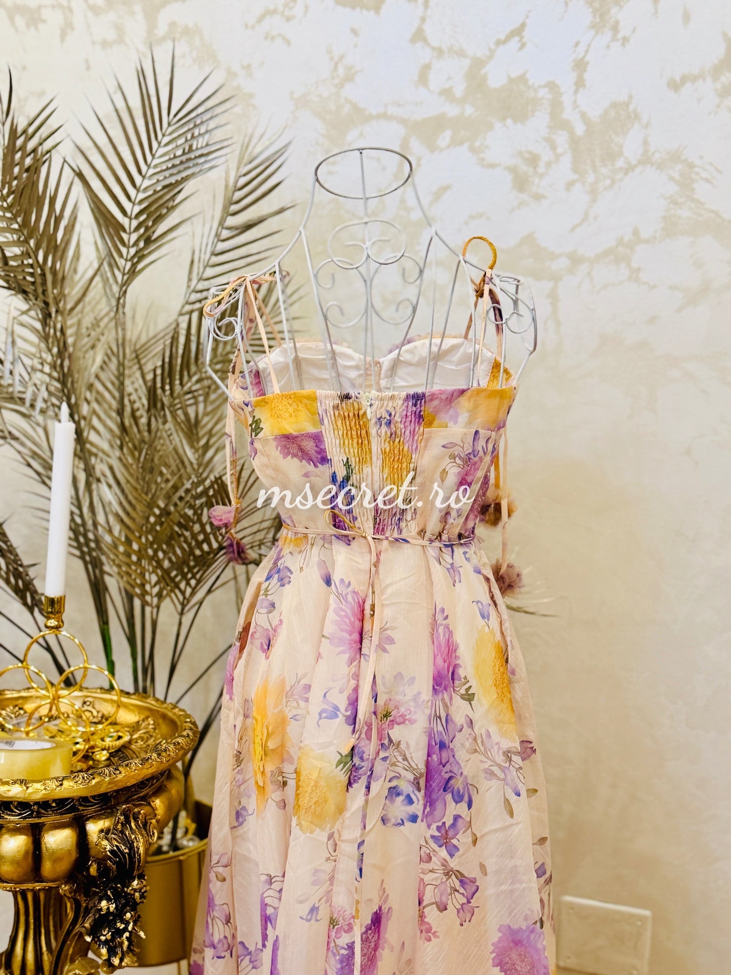 Rochie lunga florală din in cu corset și bretele reglabile