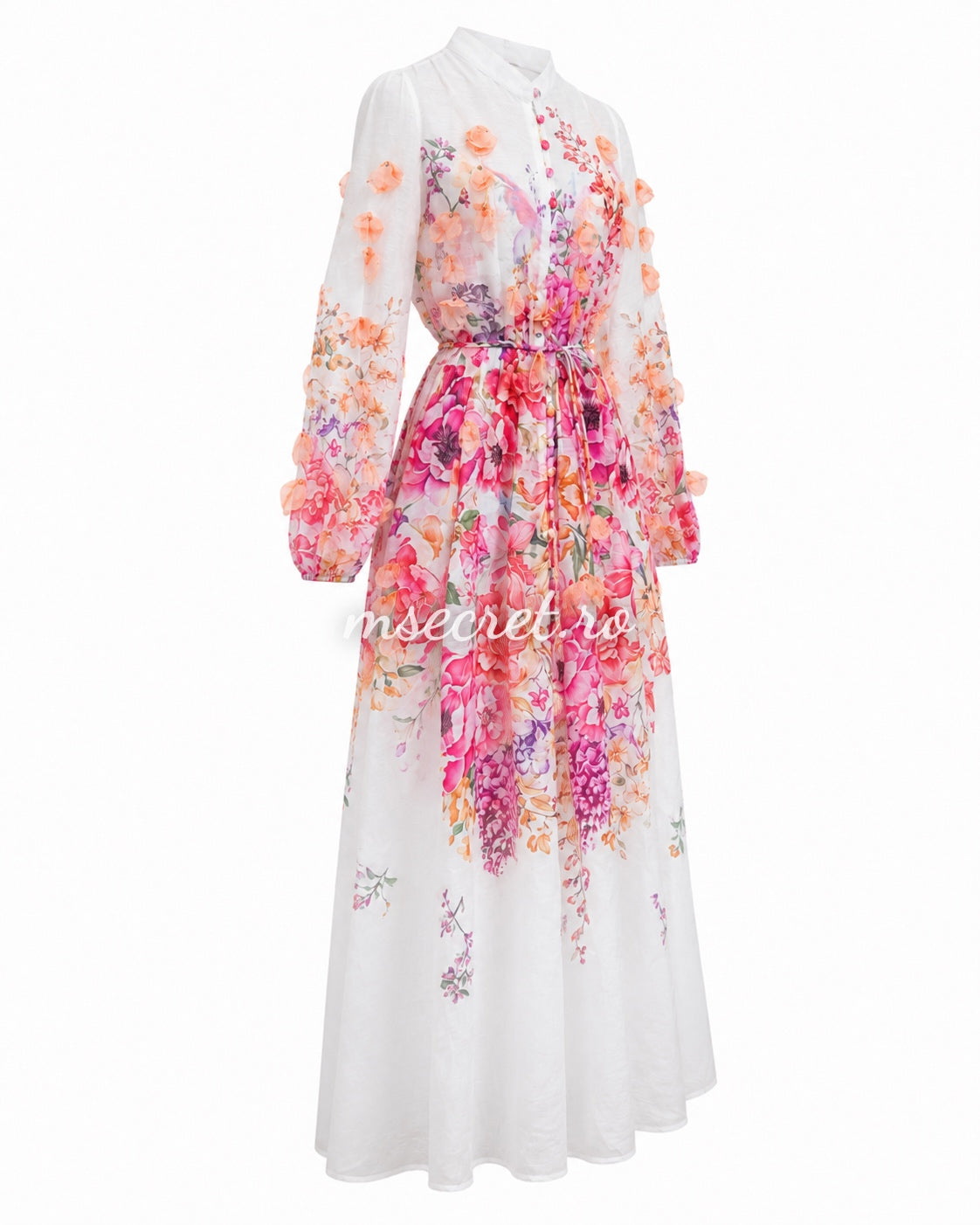 Rochie roz din in cu imprimeu floral și aplicații 3D