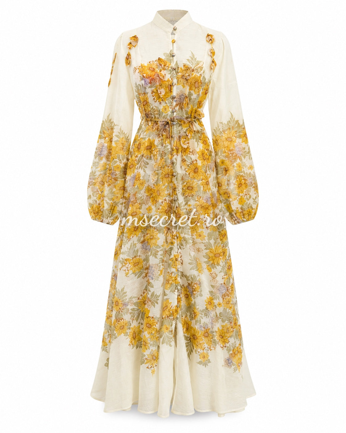 Yellow linen and silk dress with floral print