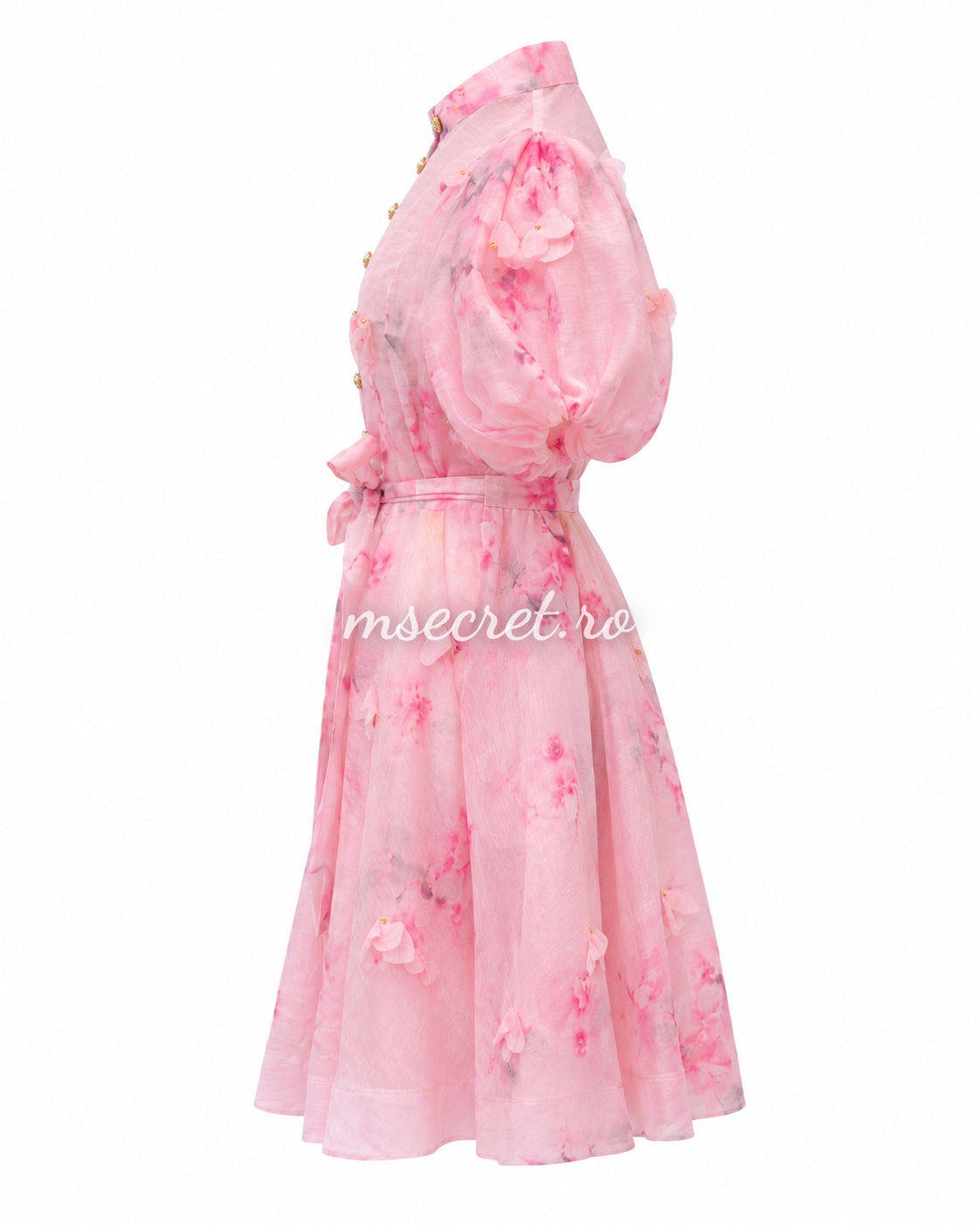 Pink short linen dress with 3D appliqués