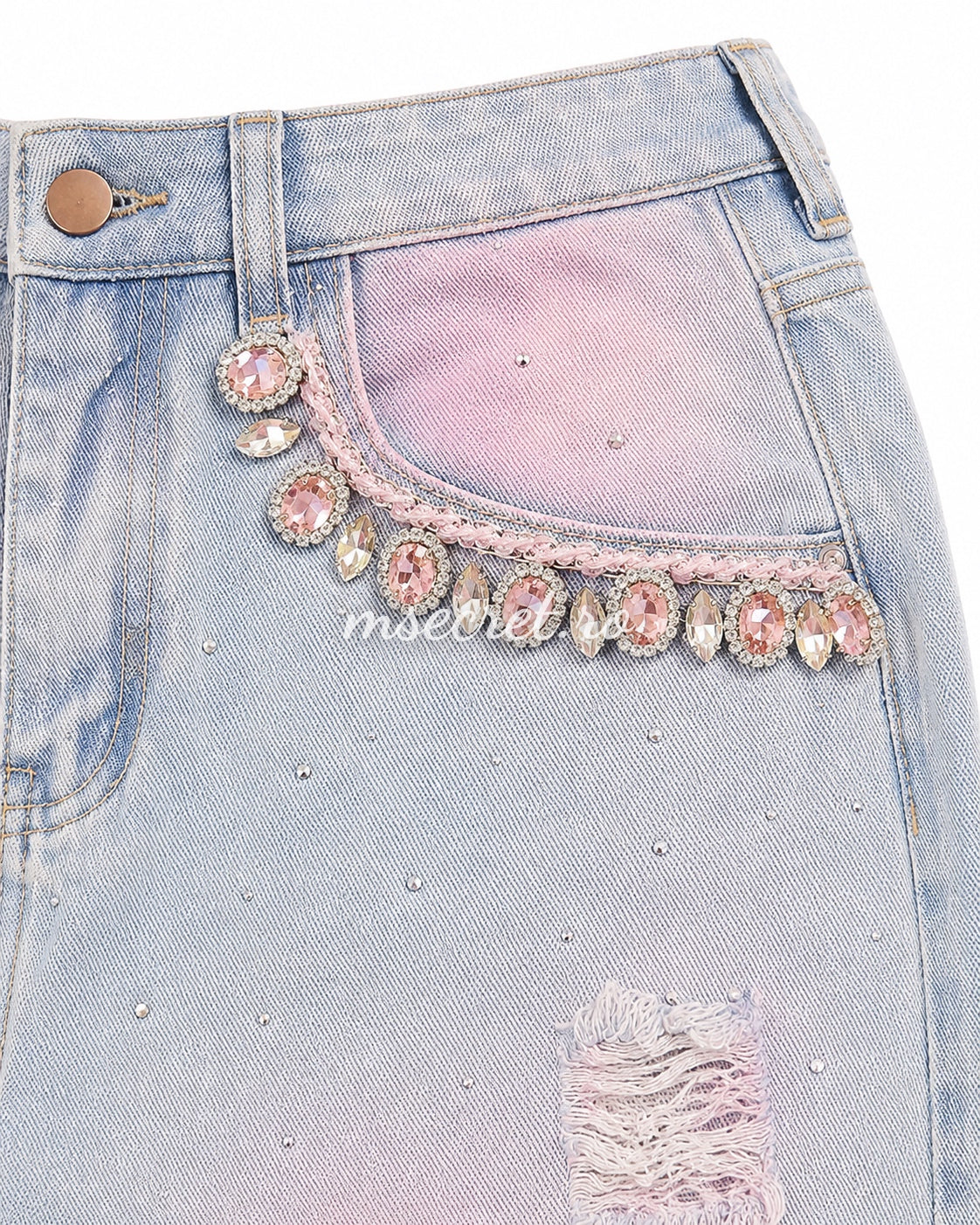 Blugi wide leg cu pietre si insertii roz decorative