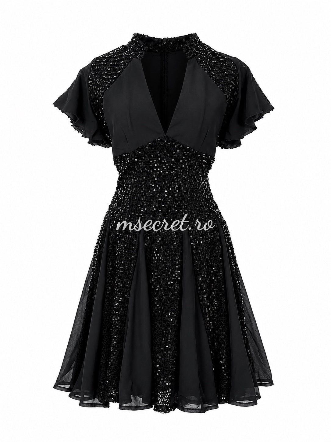 Rochie neagra eleganta cu paiete si decolteu in V