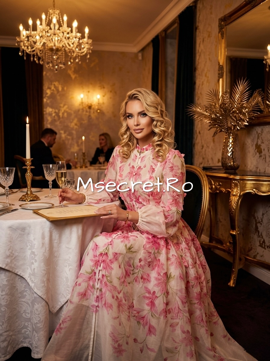 Pink long linen dress with floral print and 3D appliques