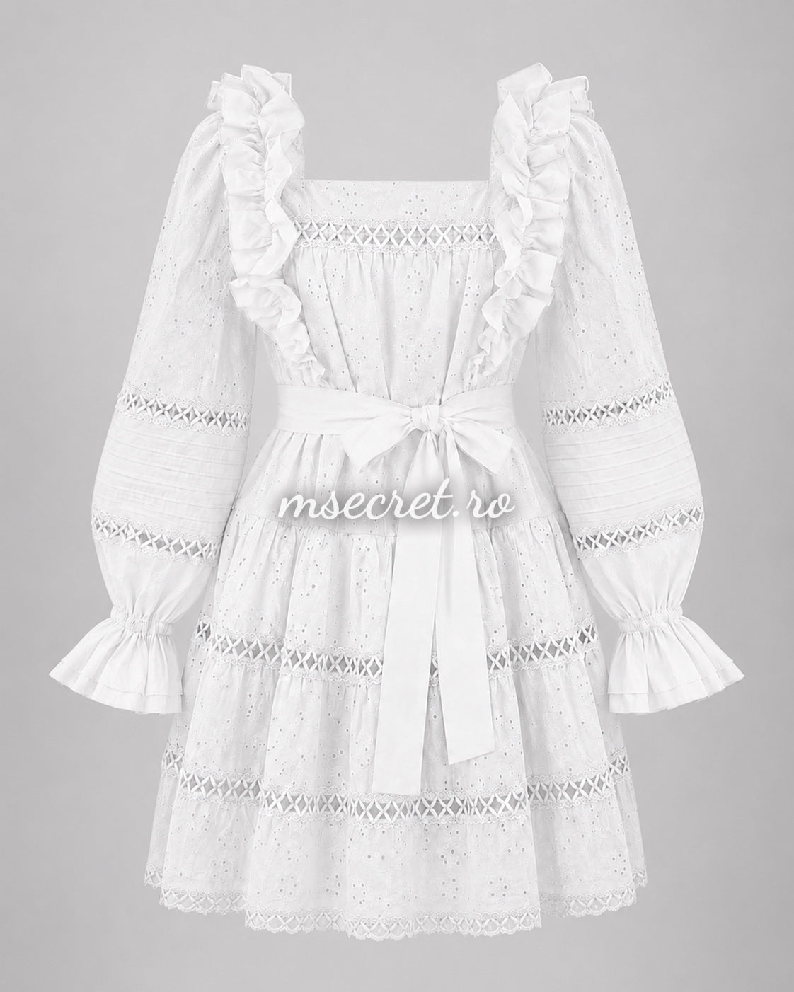 White linen and cotton dress with embroidery and ruffles