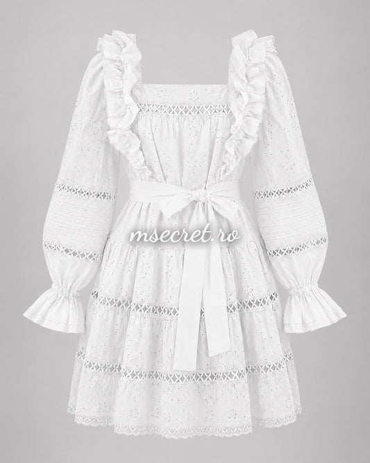 Rochie alba din in si bumbac cu broderie si volane