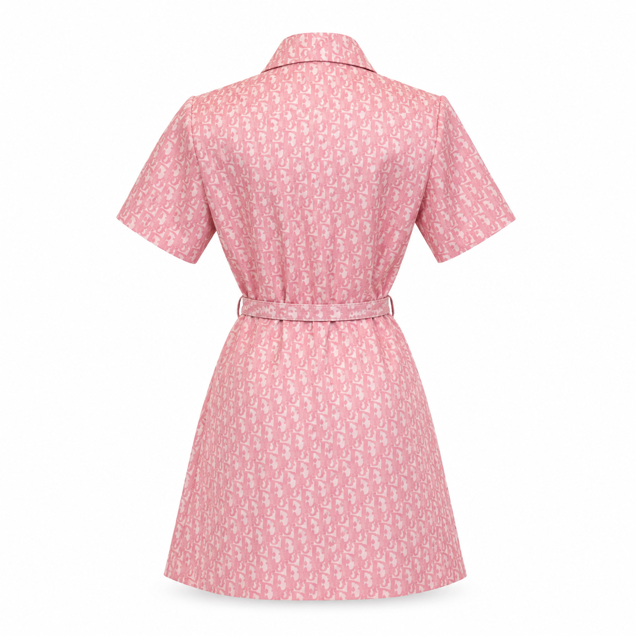 Rochie tip camasa roz cu imprimeu monogram si detalii aurii