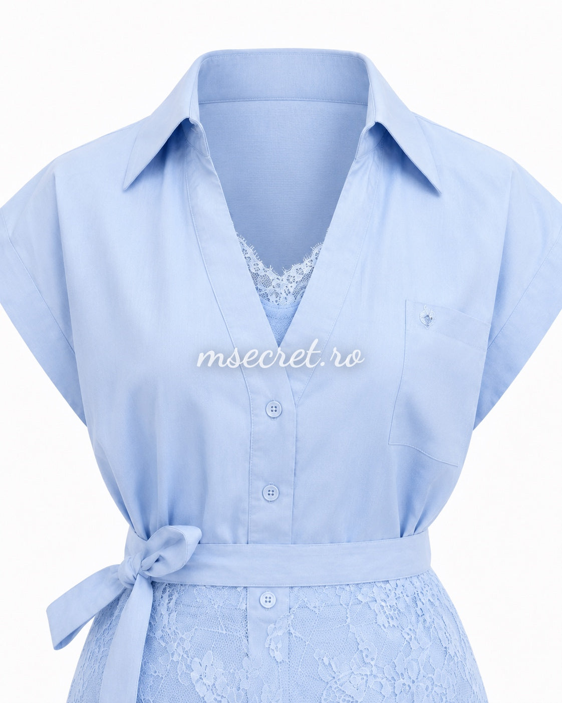 Blue linen set with lace and wide-leg pants