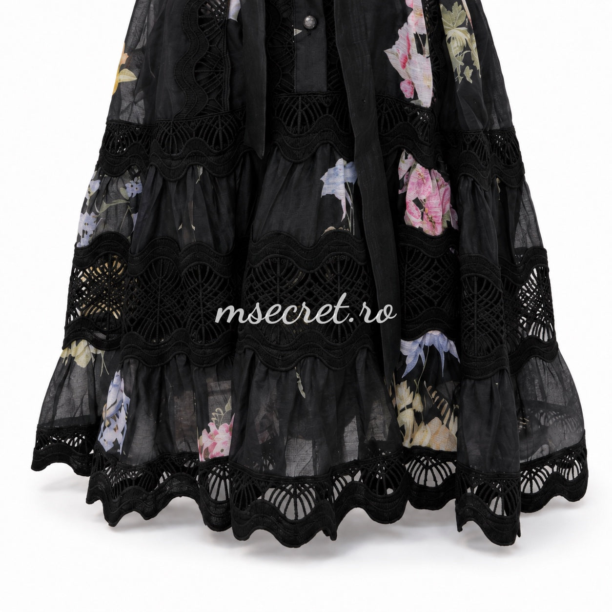 Black linen dress with floral print and decorative embroidery