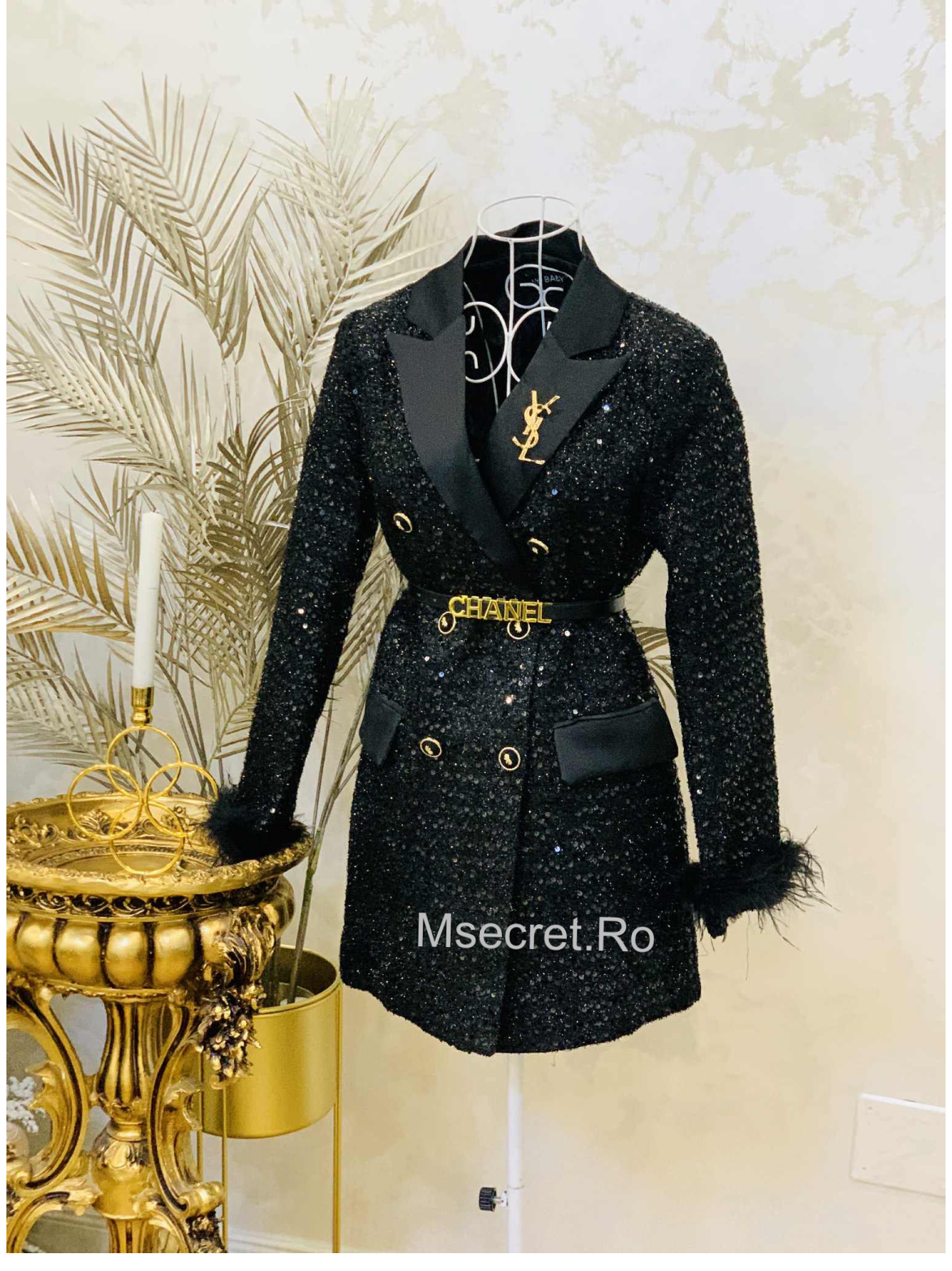 Black tweed dress with feathers