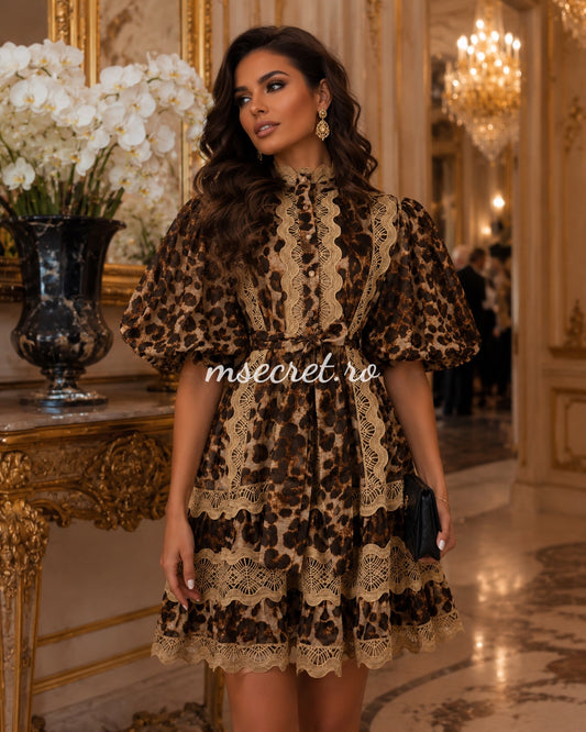 Animal print dress with gold embroidery and puff sleeves