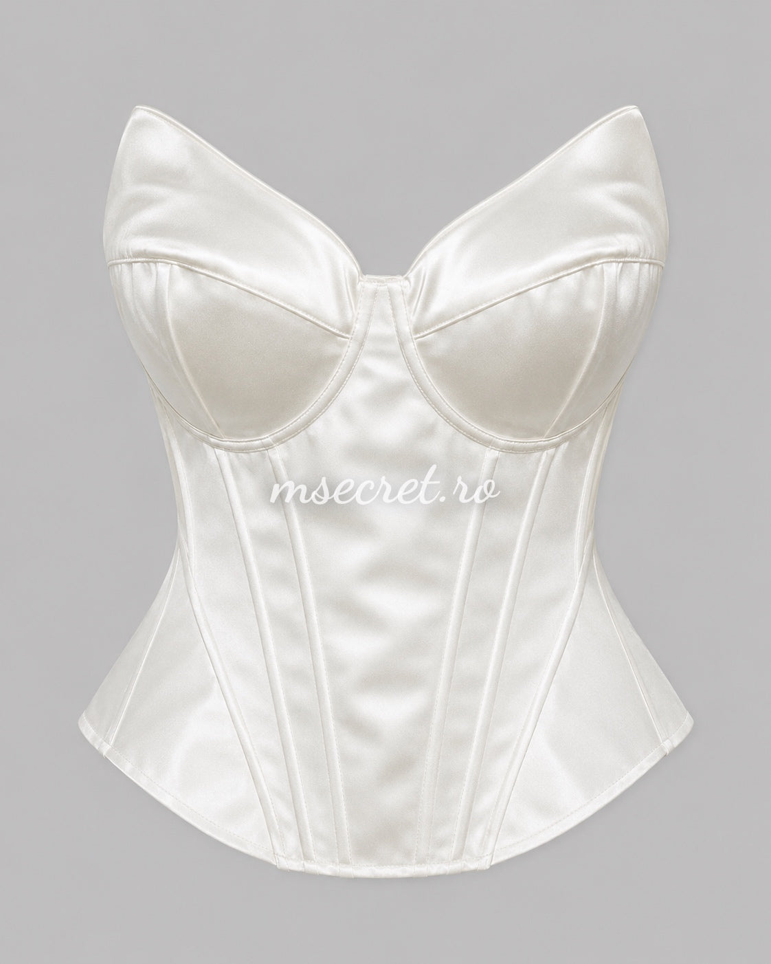 White satin corset with contoured cups and sculptural design