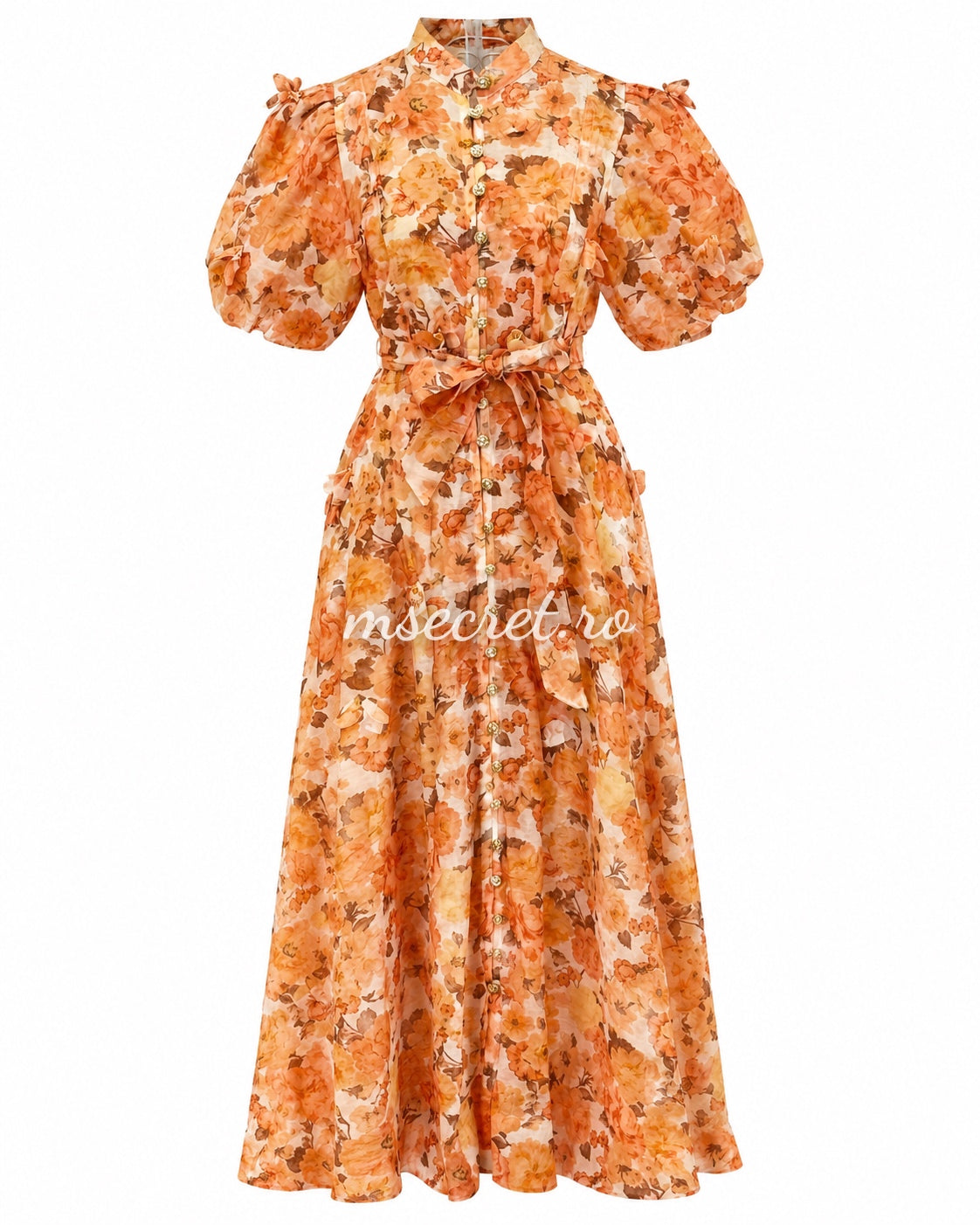 Rochie din in cu imprimeu floral orange si maneci bufante