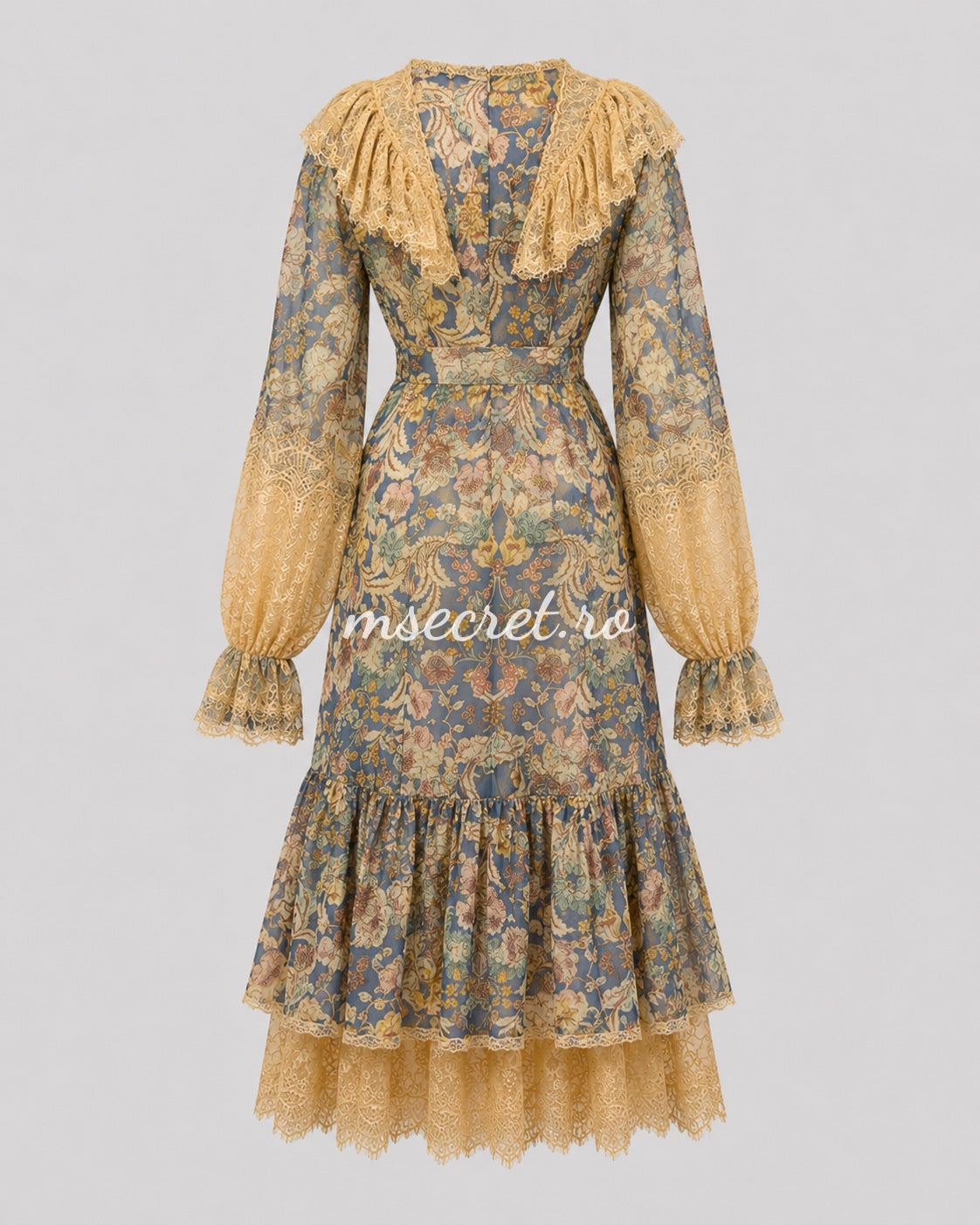 Elegant linen dress with floral print and premium lace inserts