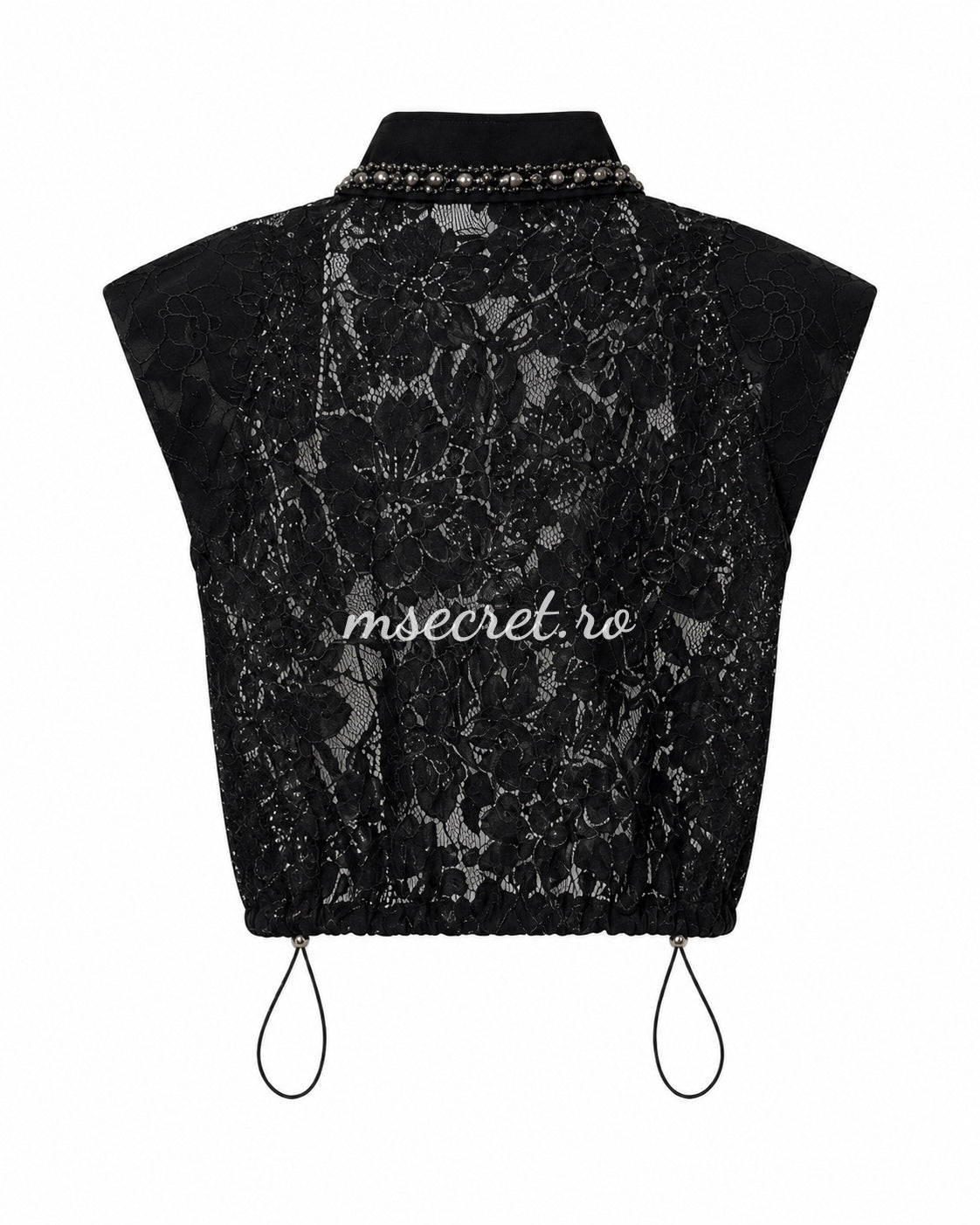 Camasa neagra din dantela cu guler accesorizat cu perle si pietre