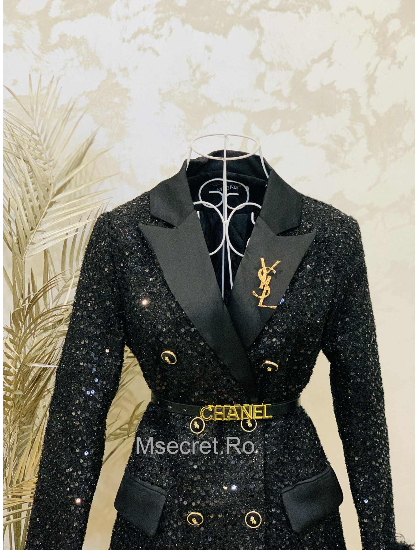 Black tweed dress with feathers