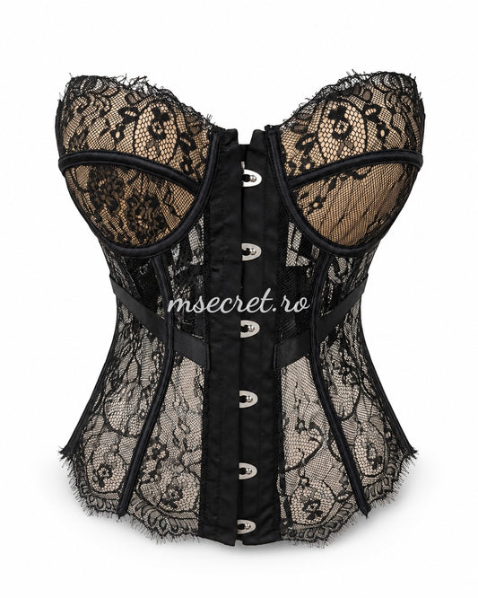 Black lace corset with cups and metallic closure