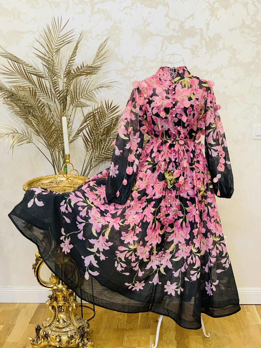 Rochie maxi din in cu imprimeu floral roz