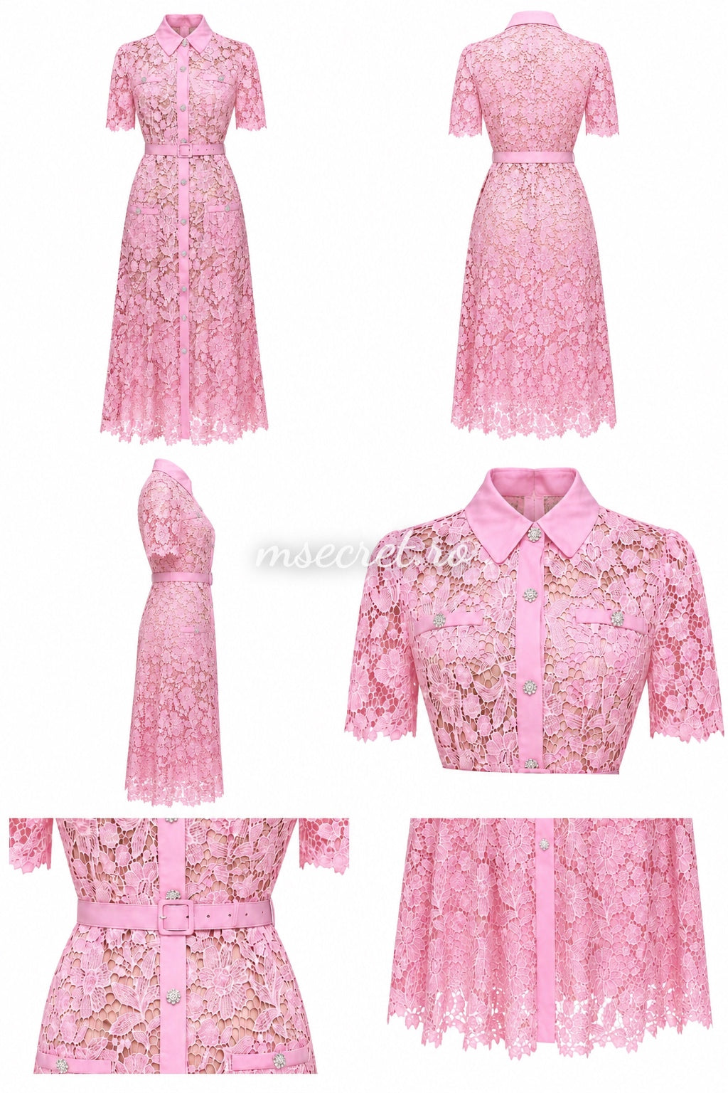 Rochie roz din dantela eleganta cu guler si cordon in talie
