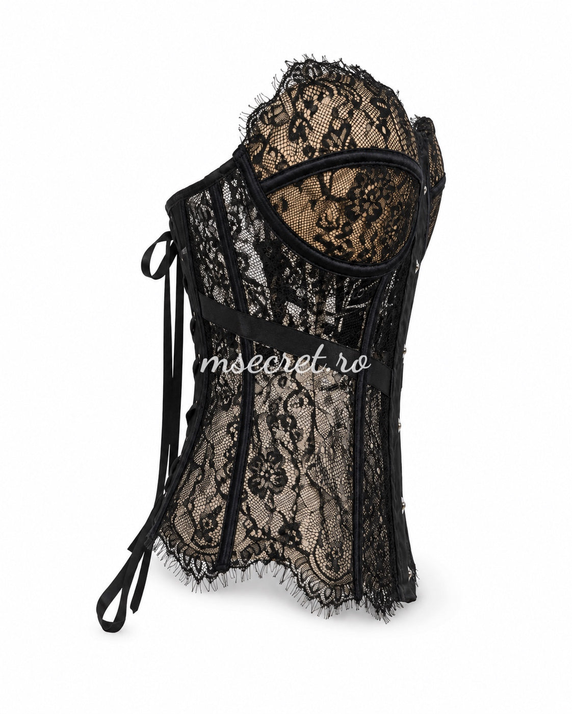Black lace corset with cups and metallic closure