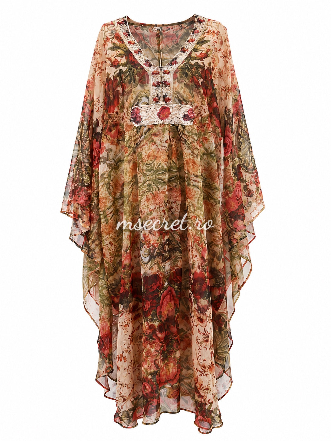 Rochie tip caftan turcoaz cu imprimeu mediteranean