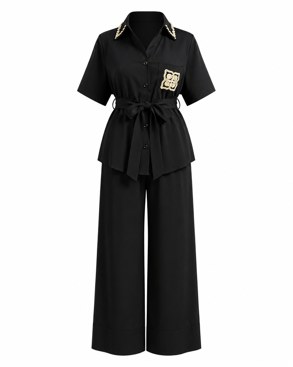 Compleu negru din in cu pantaloni lungi si camasa