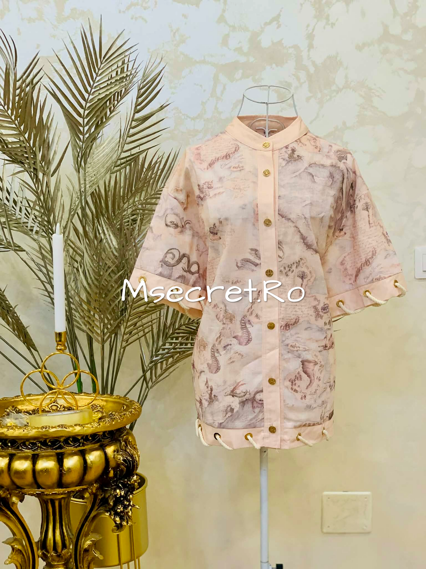 Powder pink linen set with an artistic print