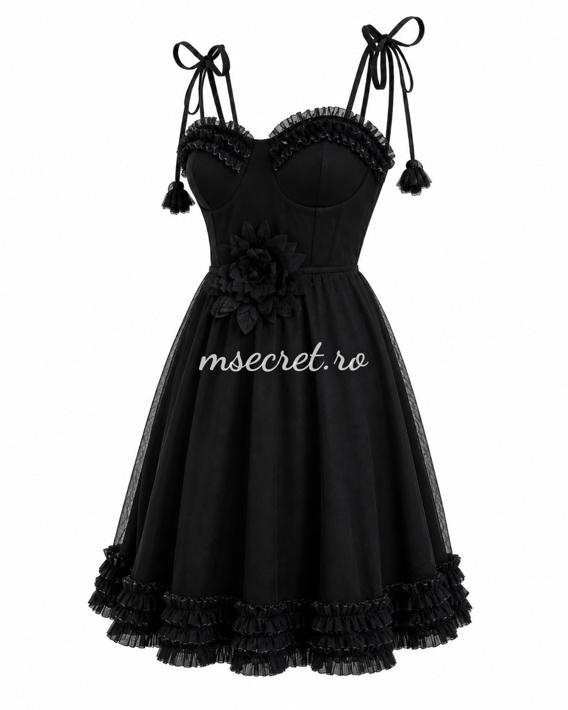 Rochie neagra eleganta midi cu bretele si floare decorativa