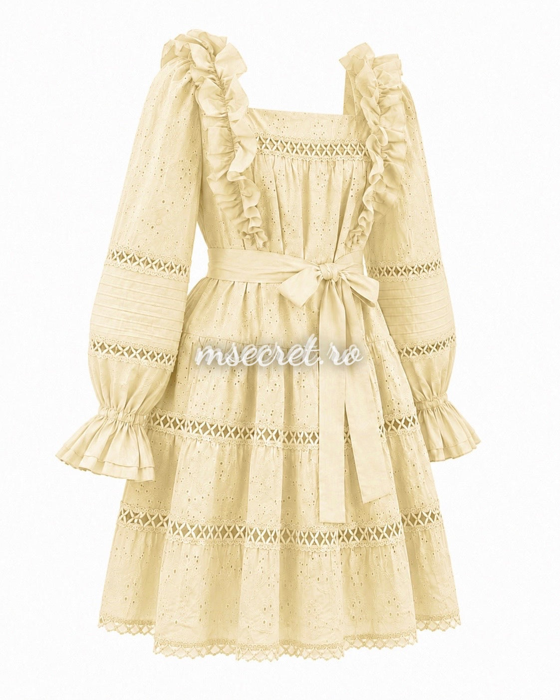 Yellow linen and cotton dress with embroidery and ruffles