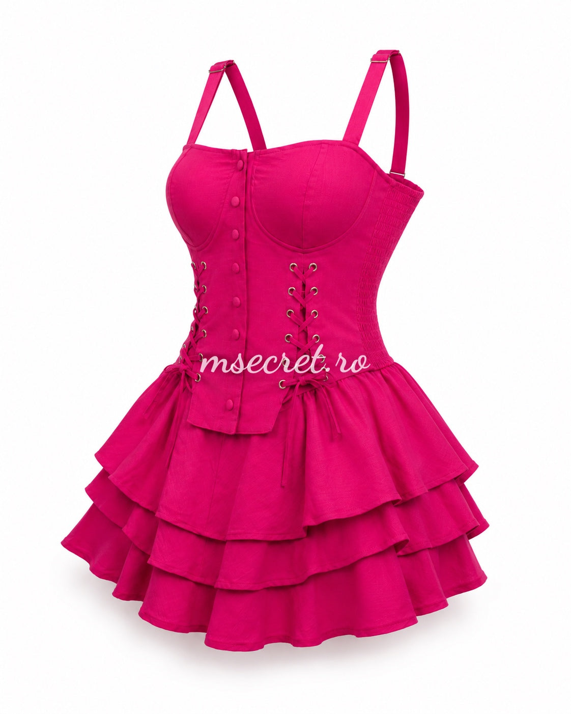 Compleu fucsia cu bluza tip corset si fusta scurta cu volane