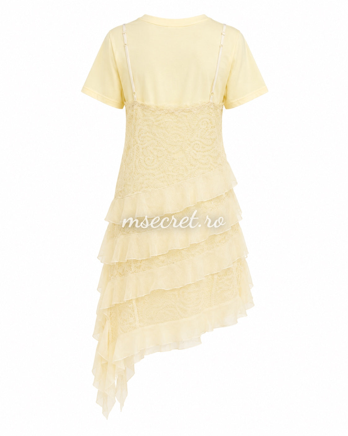 Pale yellow cotton dress with lace overlay and ruffles