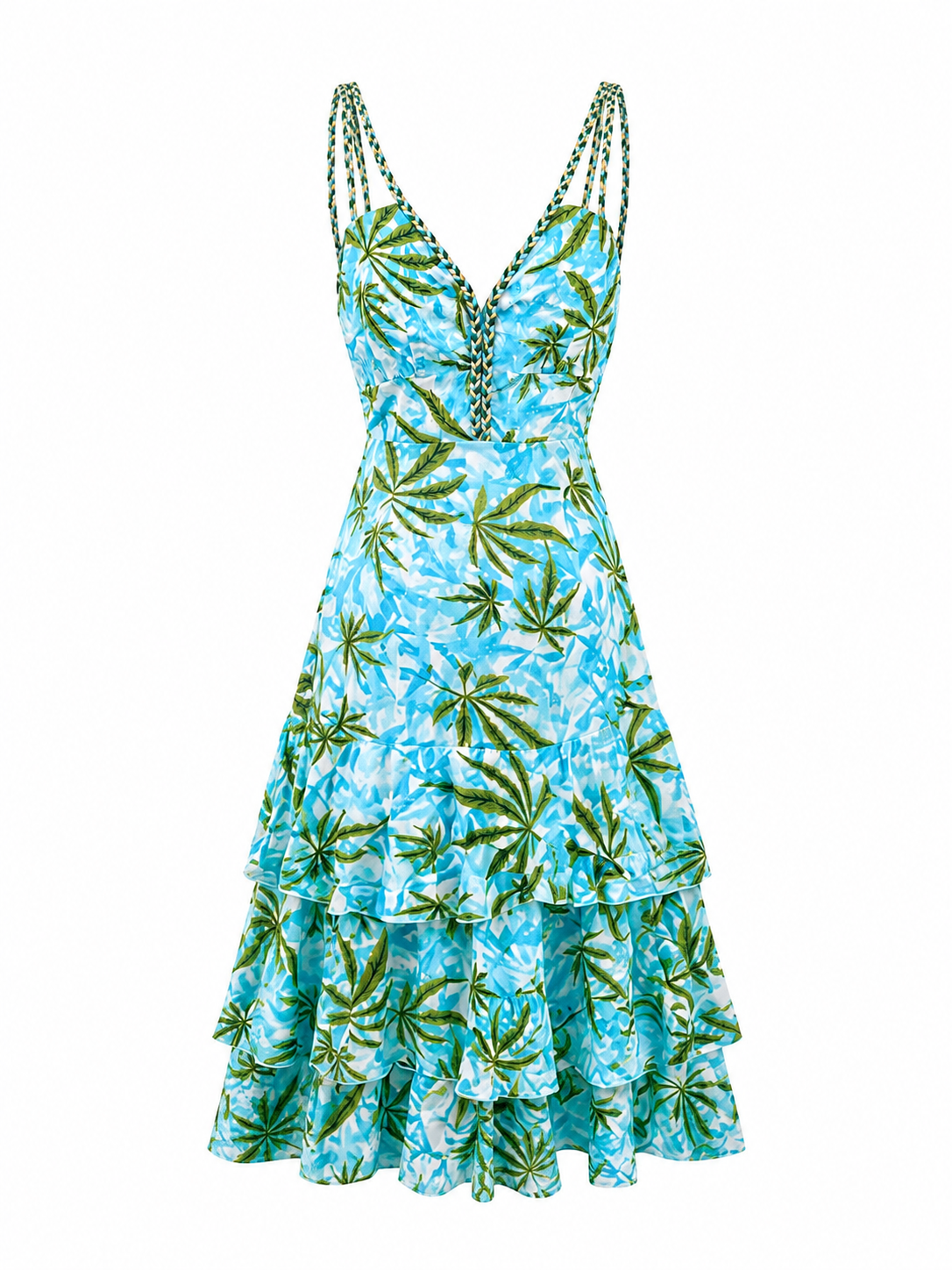 Rochie midi cu imprimeu tropical si volane