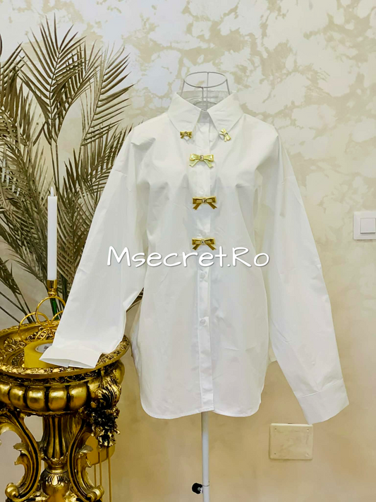Camasa alba din bumbac cu detalii aurii