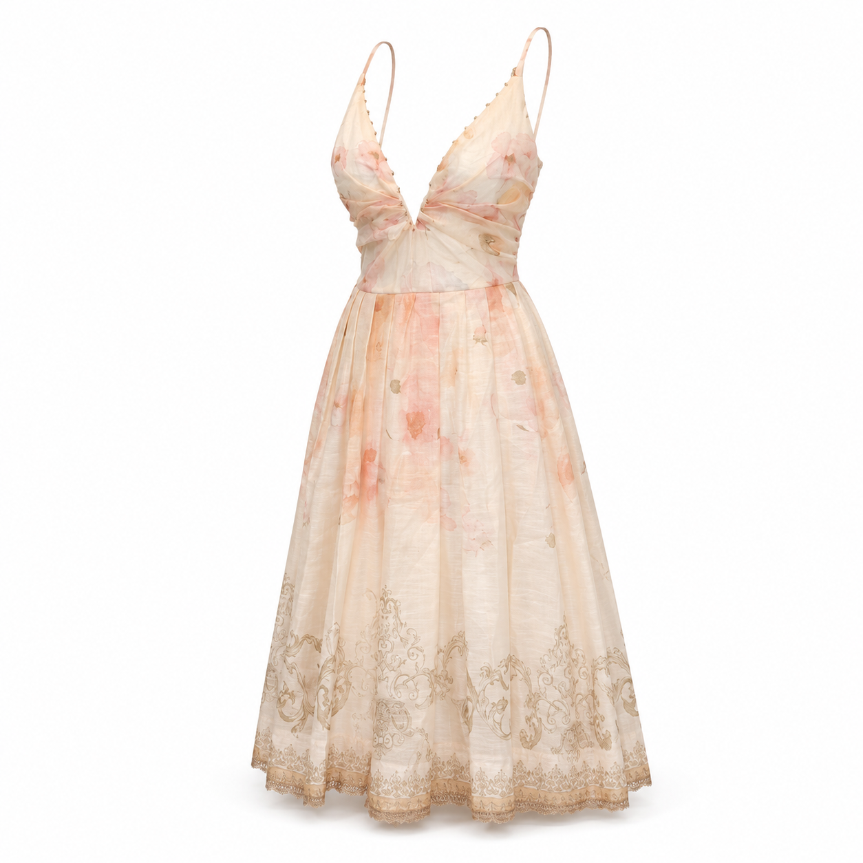 Rochie midi din in cu bretele si broderie eleganta