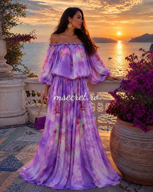 Rochie lunga lila tie-dye cu decolteu Bardot