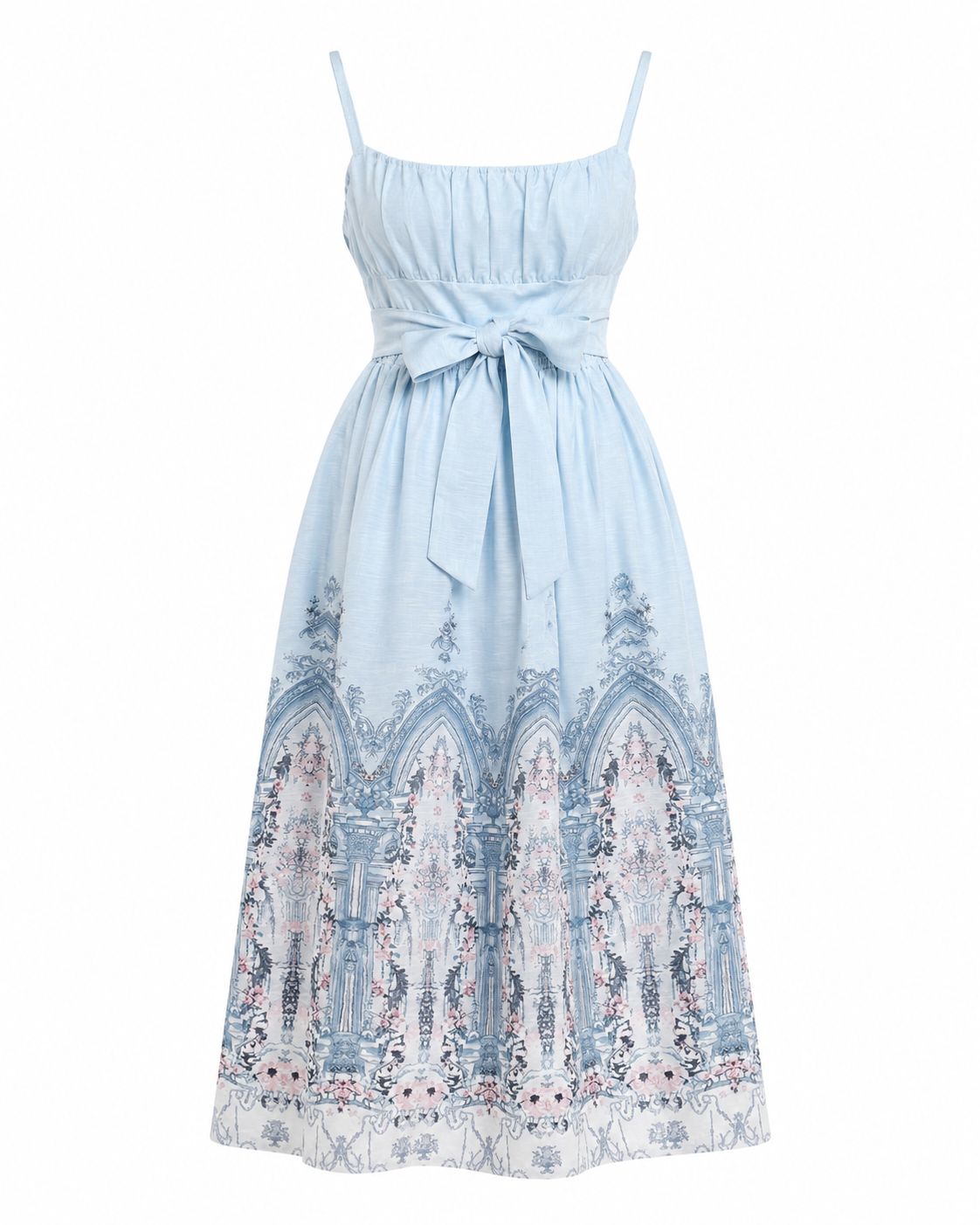 Rochie din in bleu cu imprimeu decorativ si cordon in talie