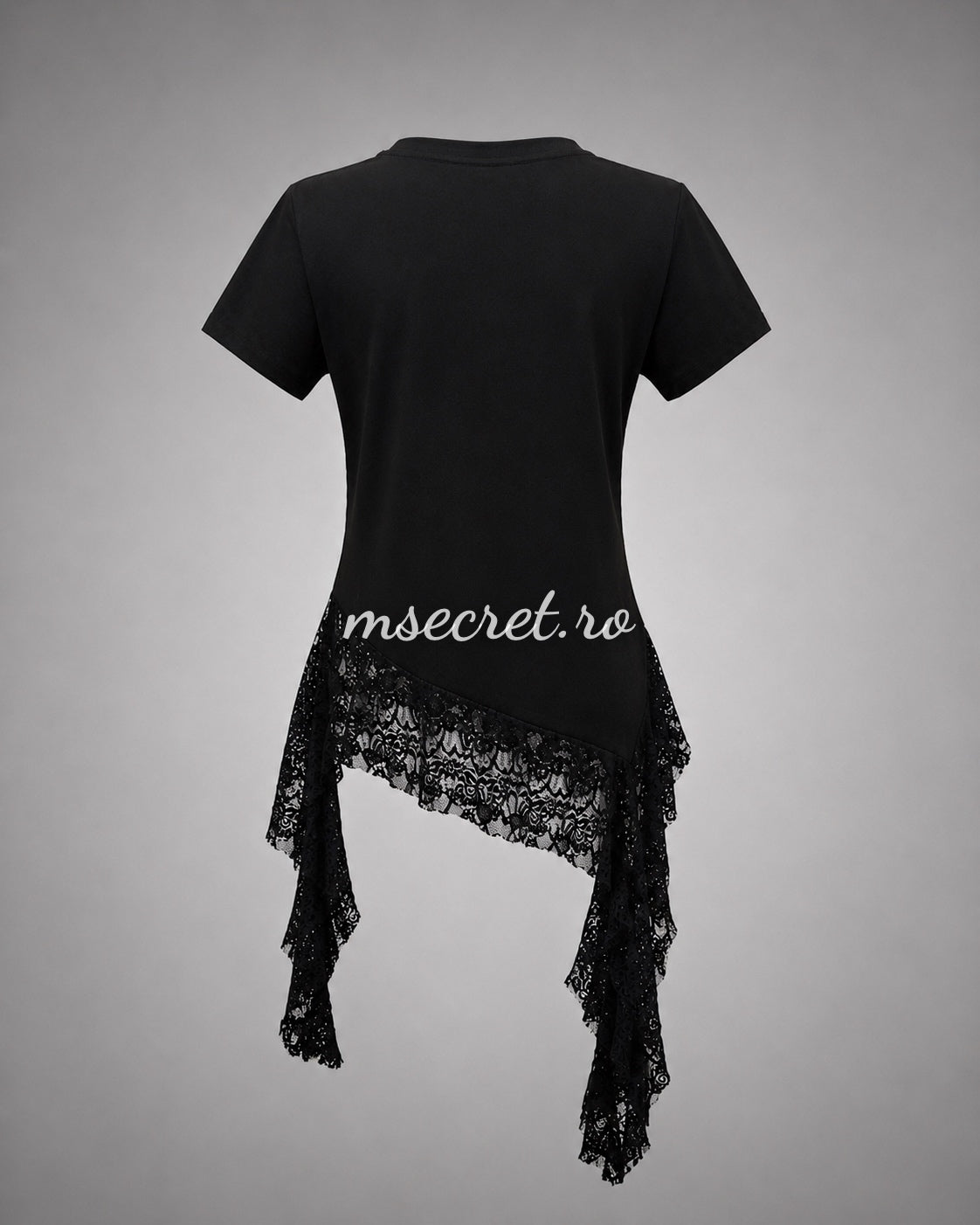 Tricou negru asimetric cu dantelă