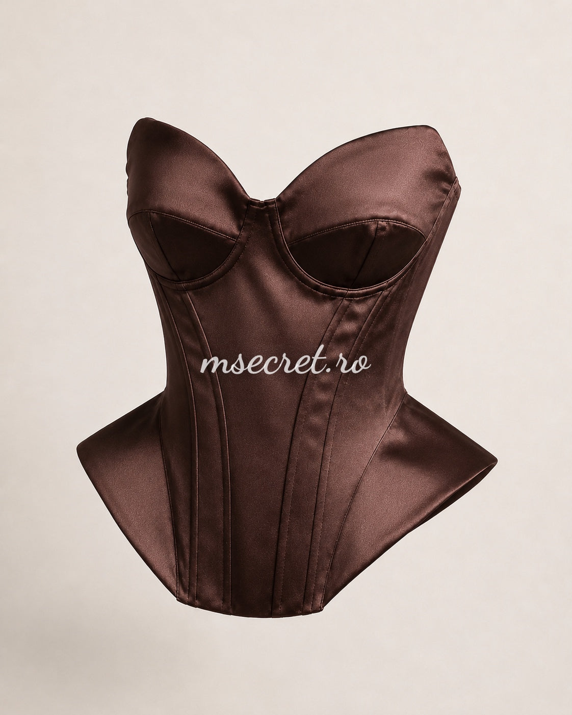 Brown satin corset with contoured cups and a sculptural design