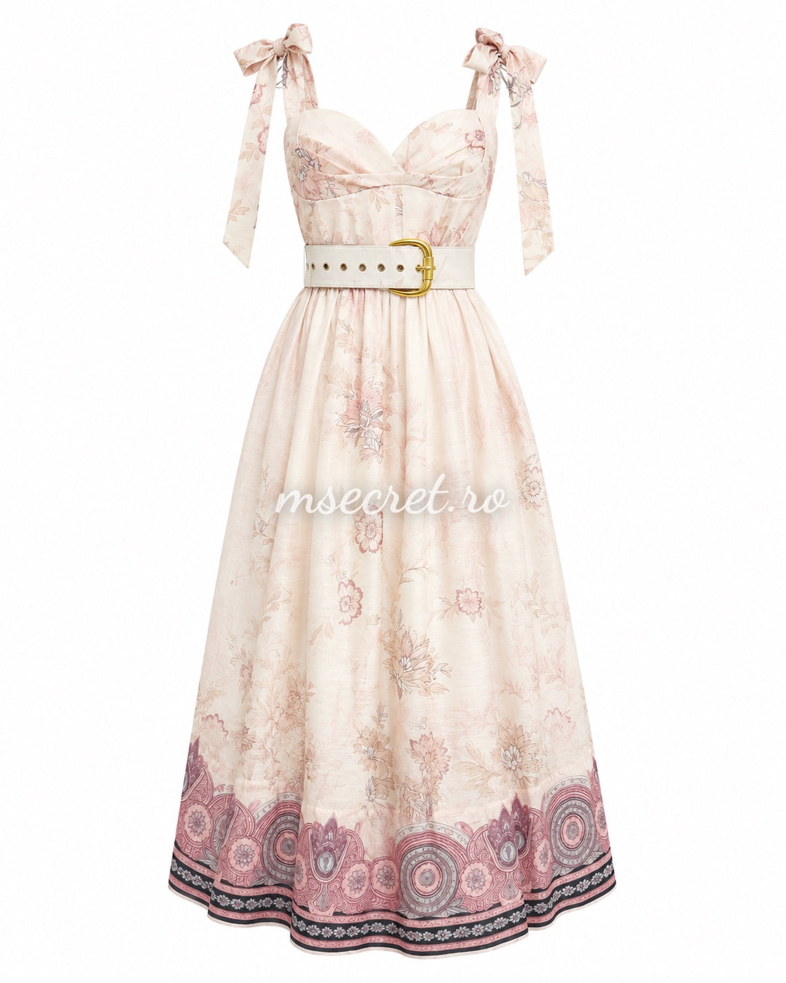 Pink floral print linen midi dress