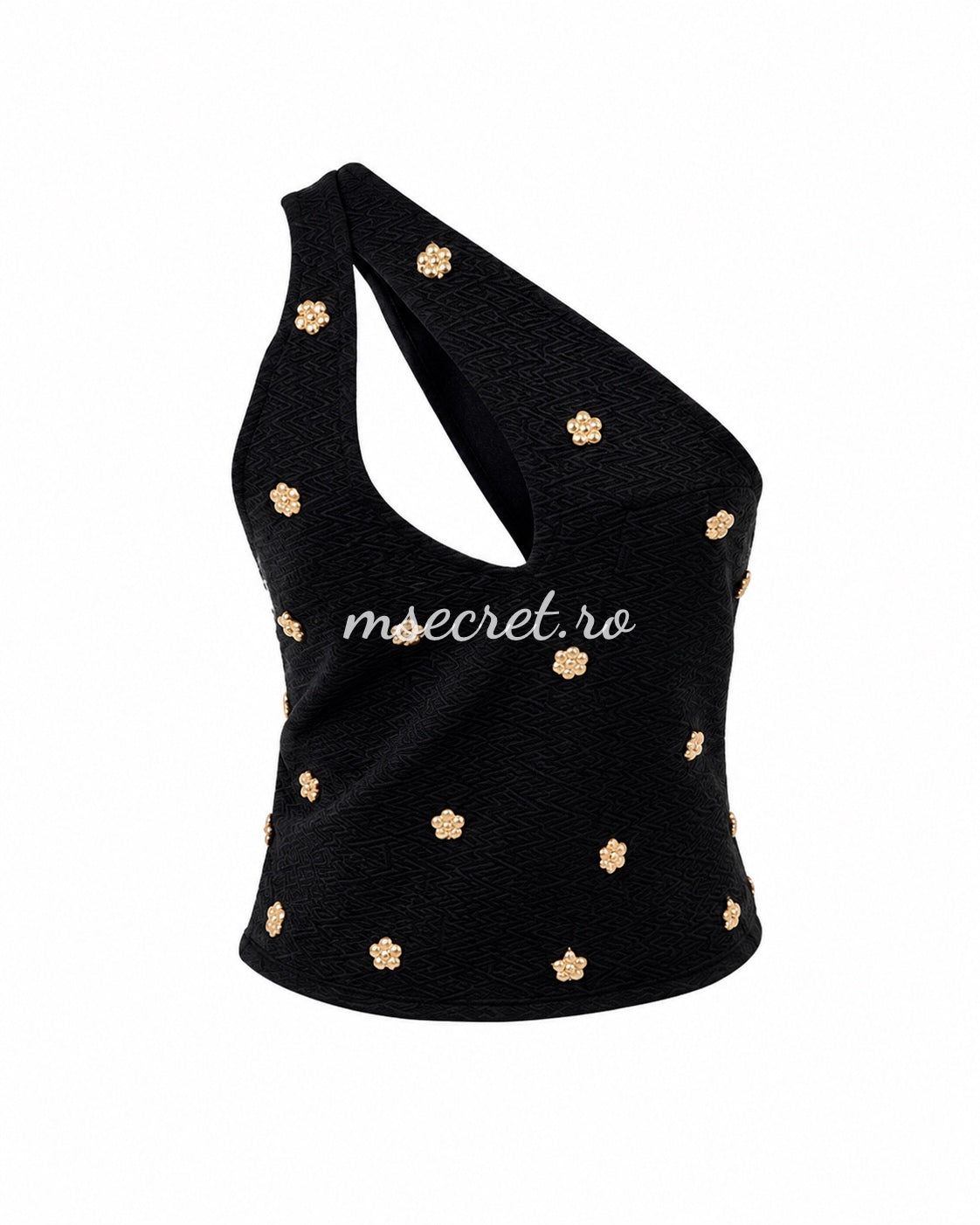 Top negru asimetric tricotat cu aplicatii aurii