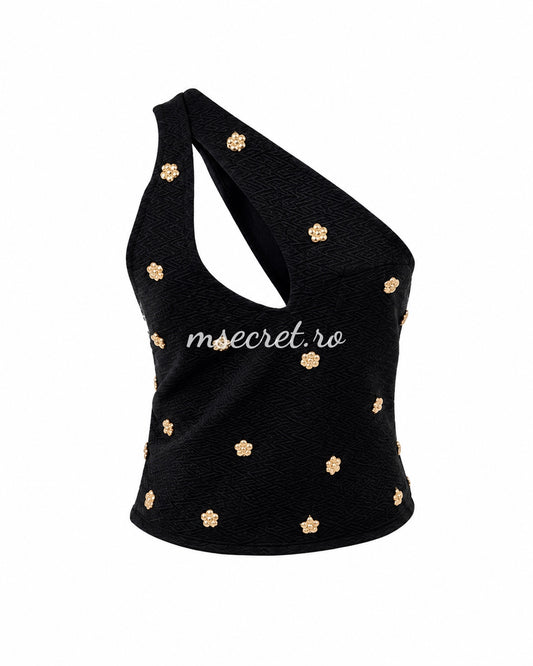 Top negru asimetric tricotat cu aplicatii aurii