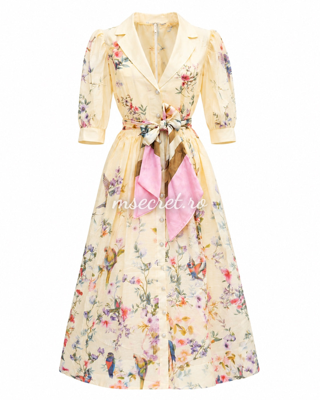 Rochie midi din in cu imprimeu floral si cordon tip esarfa