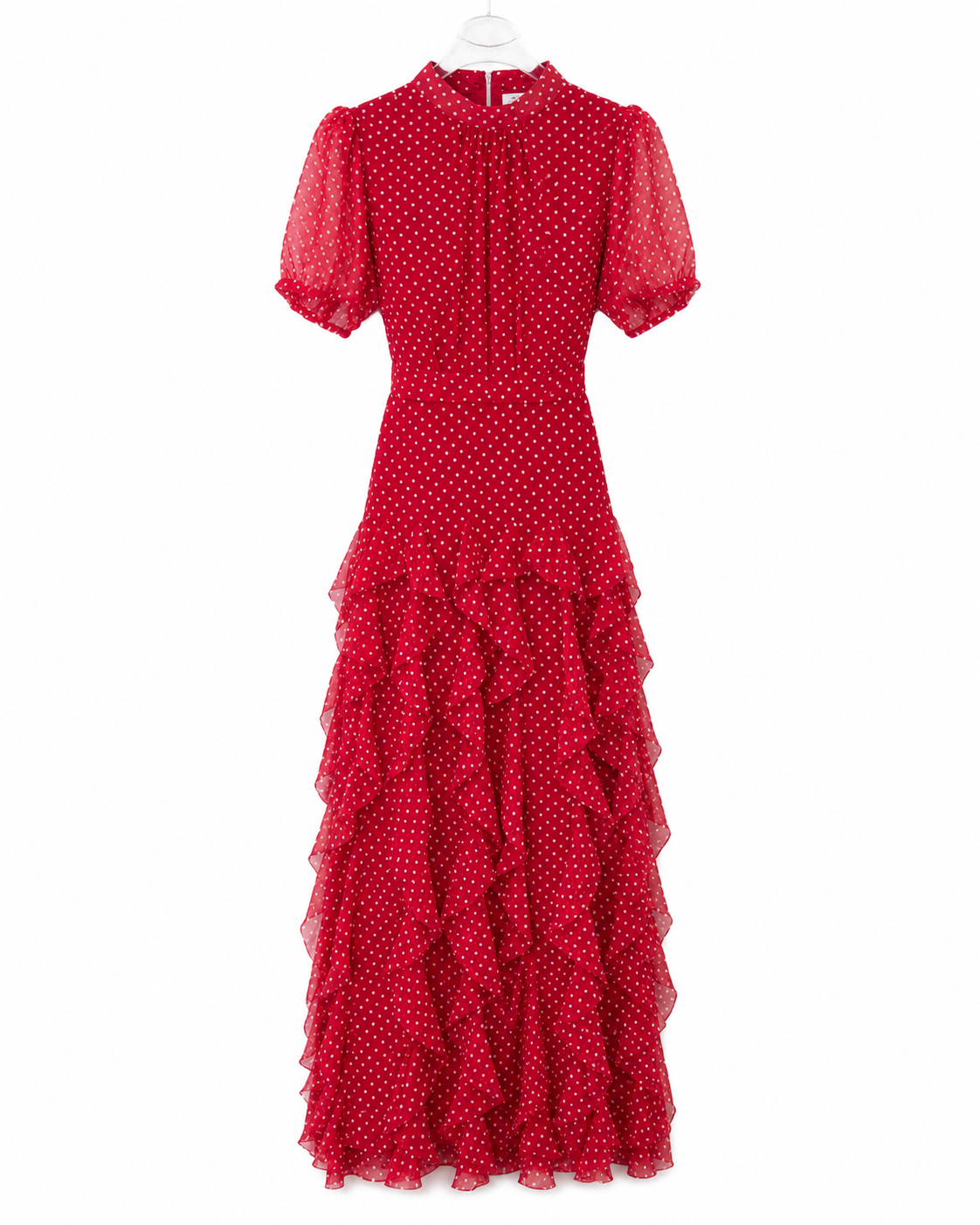 Rochie midi rosie din voal cu buline si volane delicate