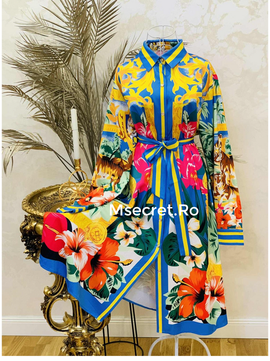 Rochie cămașă cu imprimeu tropical și cordon în talie