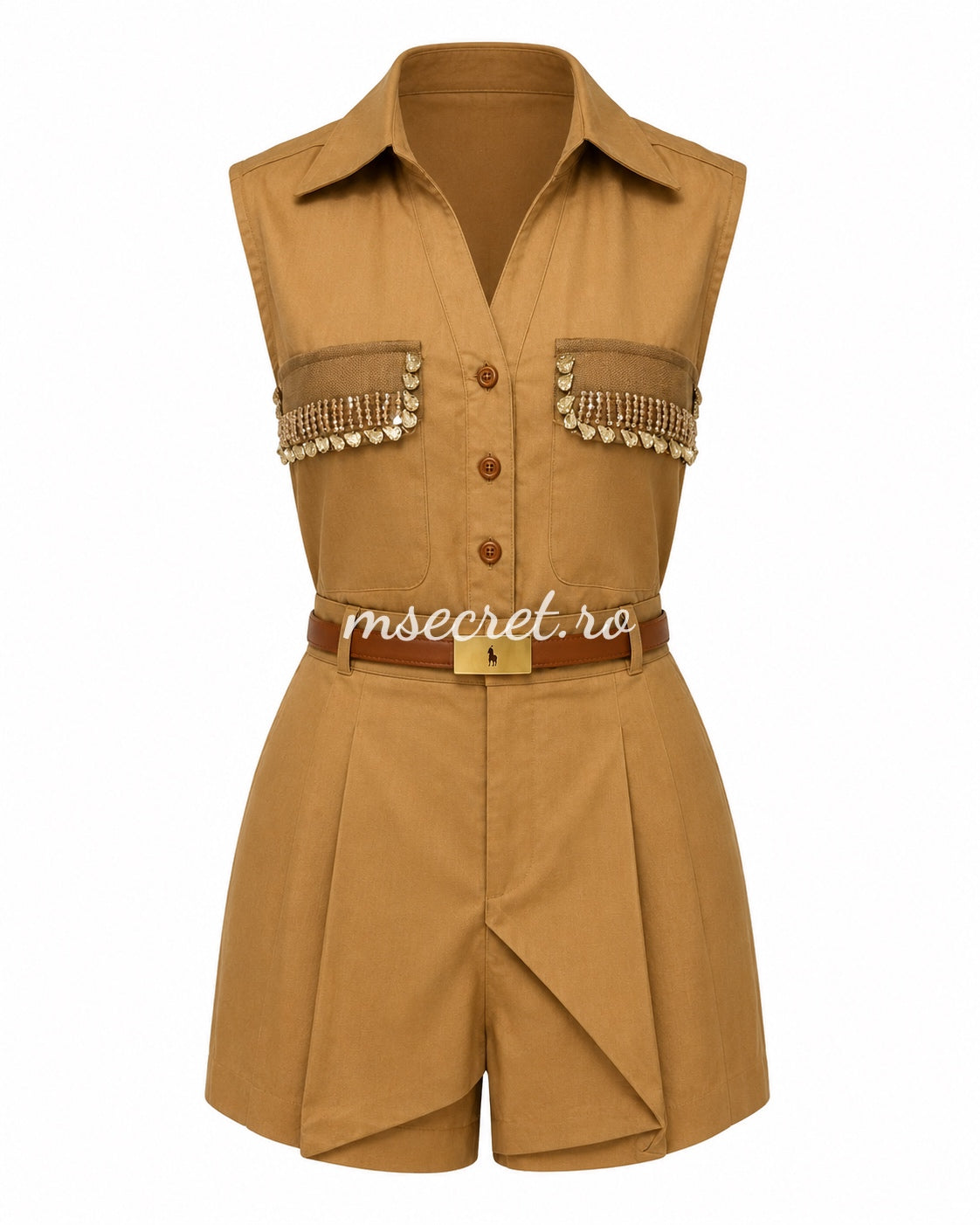 Compleu maro din in cu vesta fara maneci si pantaloni scurti