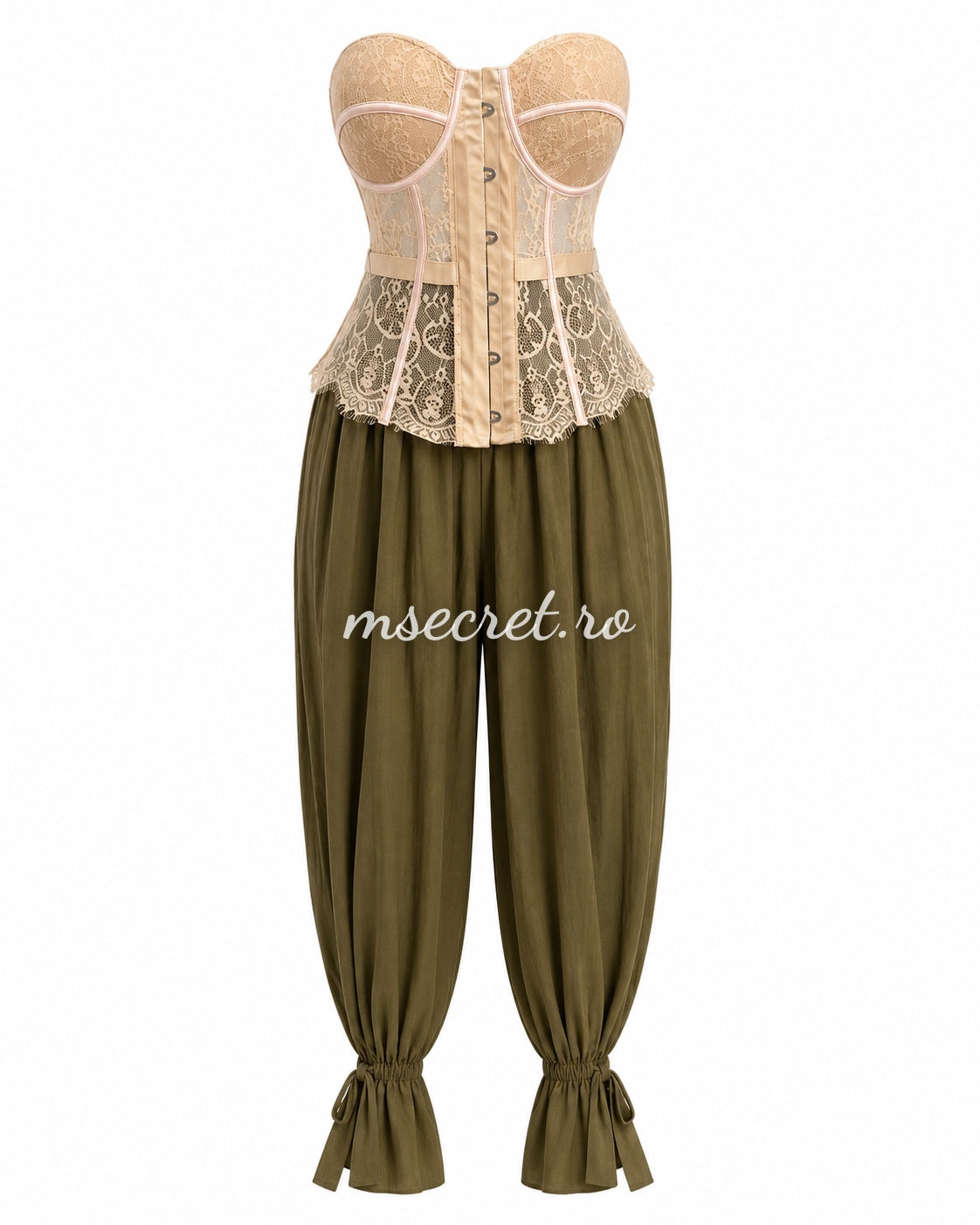 Loose mint trousers with elasticated waist and ruffled hems