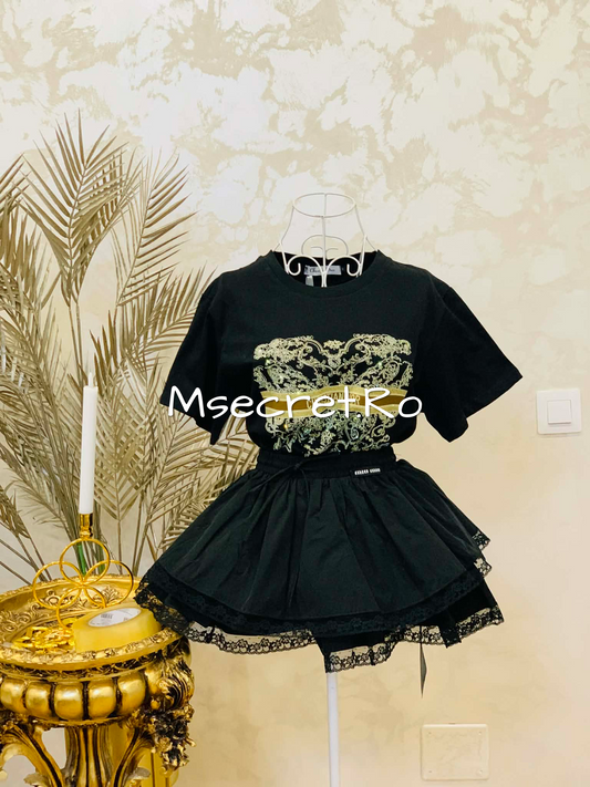 Tricou negru din bumbac cu pietre