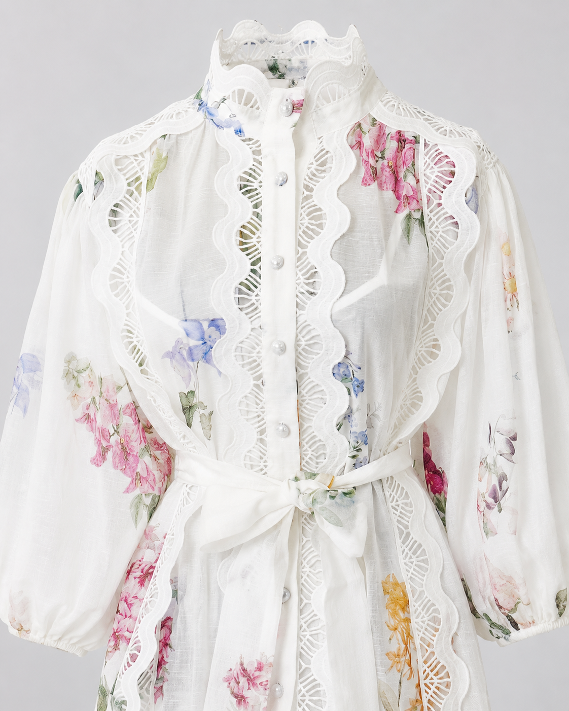 Rochie alba din in cu imprimeu floral si broderie decorativa