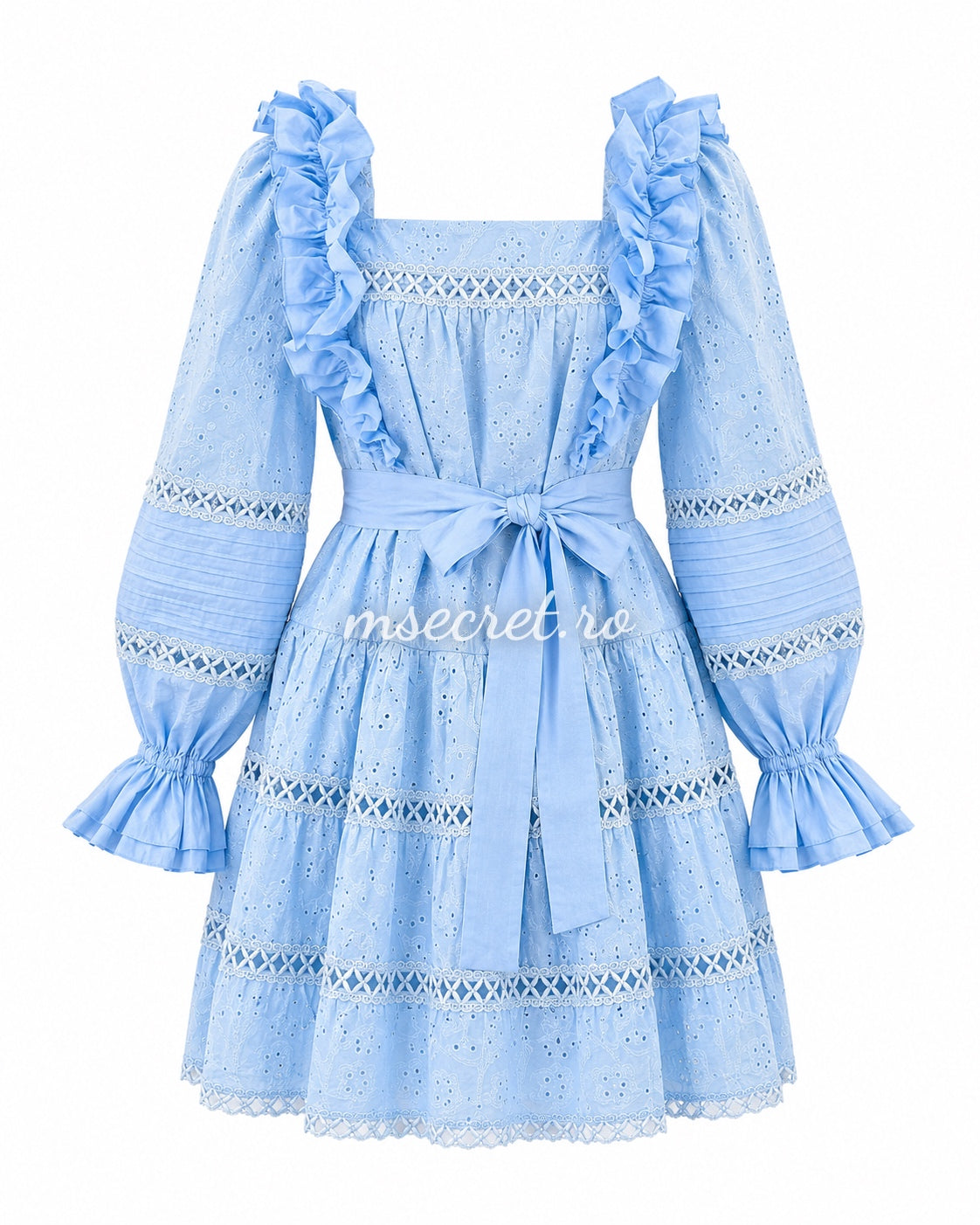 Blue linen and cotton dress with embroidery and ruffles