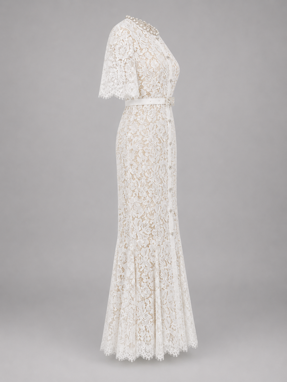 White lace dress with pearl details